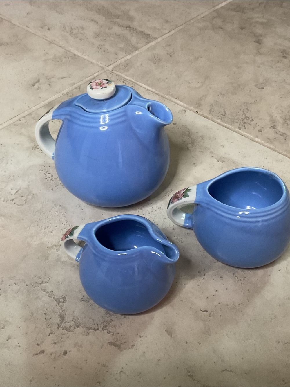 Vintage 40s Hall “Rose Parade” cadet blue Ceramic Tea Set with Floral Accents